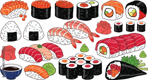 Traditional Japanese sushi rolls and sashimi vector set