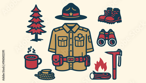 Park ranger uniform and outdoor adventure gear illustration set