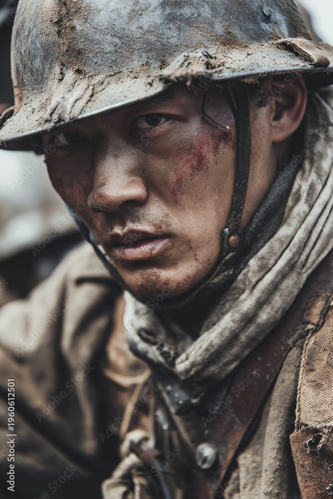 Fototapeta premium Chinese Soldier war closeup portrait with muddy helmet and injured face showing pain fatigue and harsh reality of brutal battlefield conditions