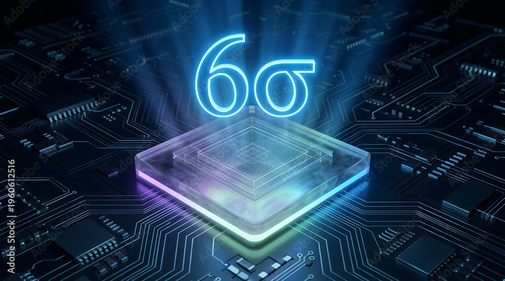 Fototapeta premium Bright blue glowing Six Sigma symbol over a conceptual transparent processor on a dark circuit board
