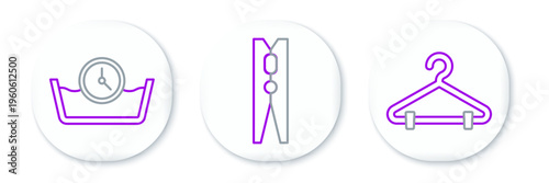 Set line Hanger wardrobe, Time wash and Clothes pin icon. Vector
