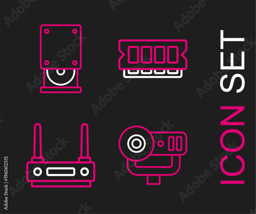Set line Web camera, Router and wi-fi signal, RAM, random access memory and Optical disc drive icon. Vector