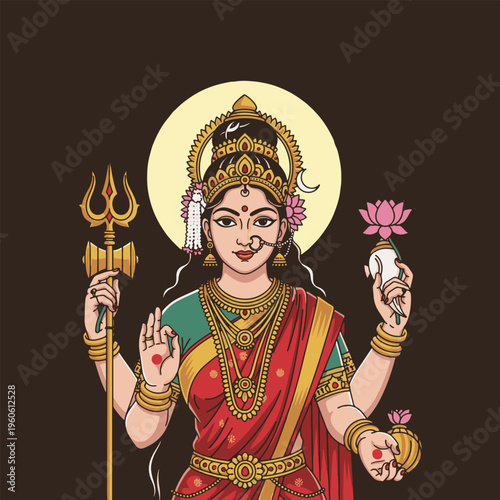 Indian Goddess Devi illustration with trident and lotus flower