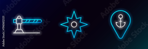Set line Location with anchor, Parking car barrier and Wind rose icon. Glowing neon. Vector