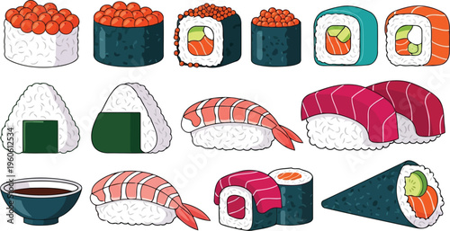 Sushi collection Japanese food rolls maki nigiri vector icons