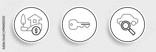 Set line Car sharing, House with dollar and key icon. Vector