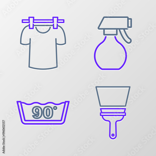 Set line Rubber cleaner for windows, Temperature wash, Water spray bottle and Drying clothes icon. Vector