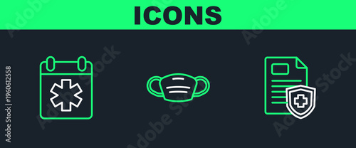 Set line Patient record, Doctor appointment and Medical protective mask icon. Vector