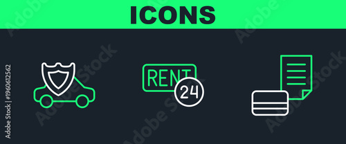 Set line Credit card, Car with shield and Rent icon. Vector