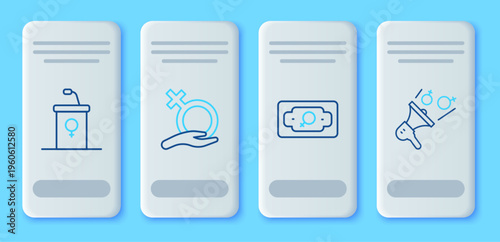 Set line Female gender, Money growth woman, Debate podium rostrum and Feminist activist icon. Vector