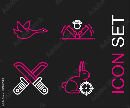 Set line Hunt on rabbit with crosshairs, Crossed hunter knife, Trap hunting and Flying duck icon. Vector
