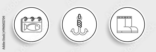 Set line Fishing boots, Calendar with a fish and hook icon. Vector