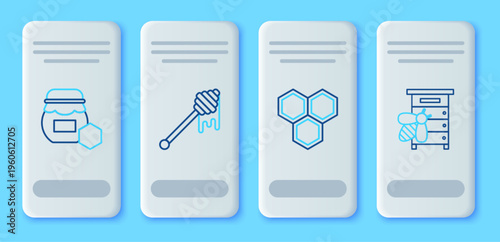 Set line Honey dipper stick with dripping honey, Honeycomb, Jar of and Hive for bees icon. Vector