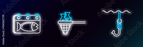 Set line Fishing hook under water, Calendar with fish and net icon. Glowing neon. Vector