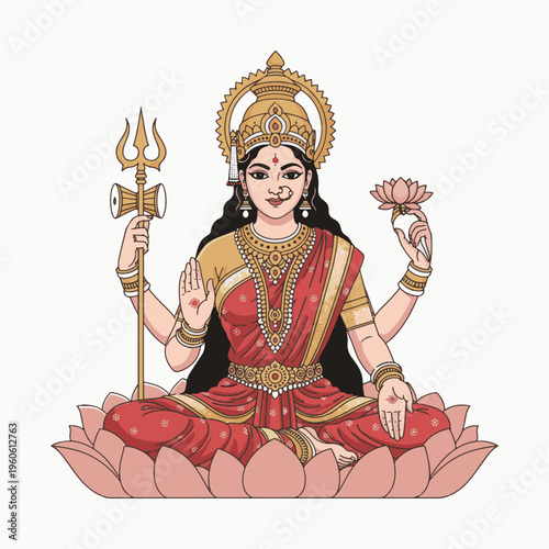 Hindu Goddess Parvati sitting on lotus flower religious illustration
