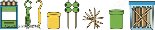 Cartoon toothpick set with containers, olives, dental tools, and accessories in colorful vector illustration