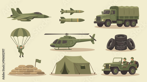 Military equipment icon set, flat vector illustration, simple cartoon style, army green color palette, isolated on light background, collection of military objects including fighter jet, missiles, arm