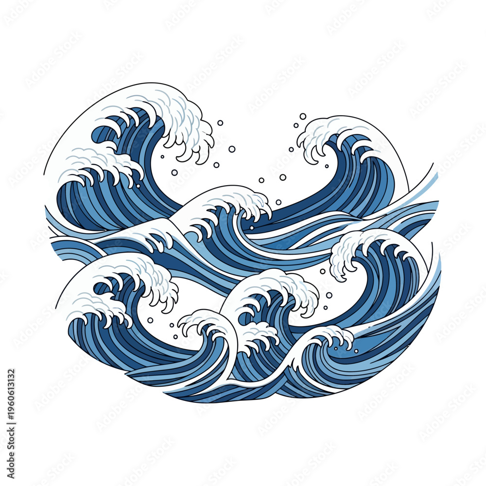 Fototapeta premium Stylized Ocean Waves Illustration - Japanese Art Style