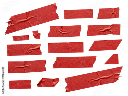 Fotografie Assorted red sticky tape pieces with ripped edges and natural wrinkles, ideal for graphic design projects and accents