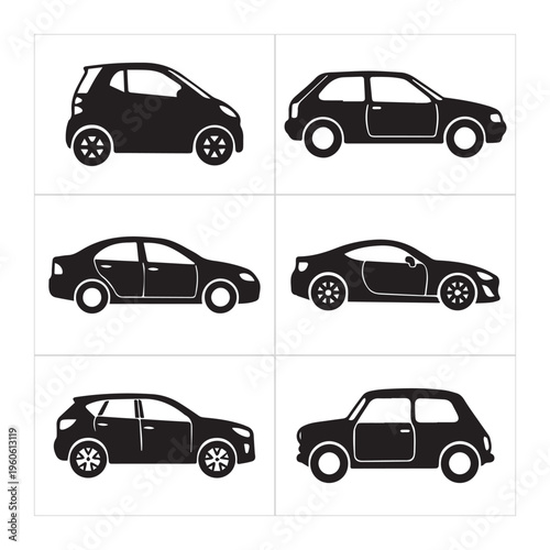 A collection of six distinct black silhouette car icons displayed in a uniform grid on white back