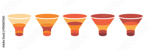 Business funnel infographic chart, marketing strategy, sales process and workflow visualization, 2 to 6 stage diagram, conversion and lead management illustration