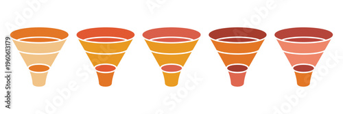 Business funnel infographic chart, marketing strategy, sales process and workflow visualization, 2 to 6 stage diagram, conversion and lead management illustration