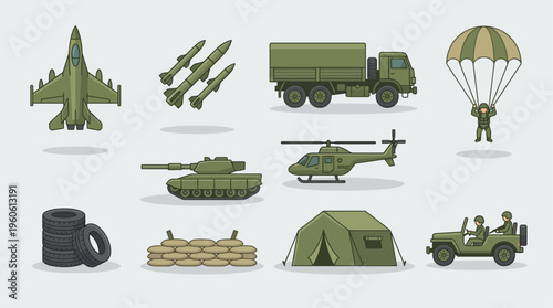 Military equipment icon set, flat vector illustration, simple cartoon style, army green color palette, isolated on light background, collection of military objects including fighter jet, missiles, arm