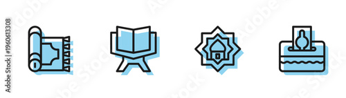 Set line Muslim Mosque, Traditional carpet, Holy book of Koran and Donate pay your zakat icon. Vector