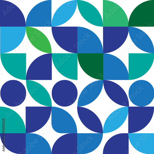 Abstract geometric pattern with vibrant blue and green shapes, seamless design featuring circles, curves, and quarter-circles, modern visual art on a clean white background, versatile graphic