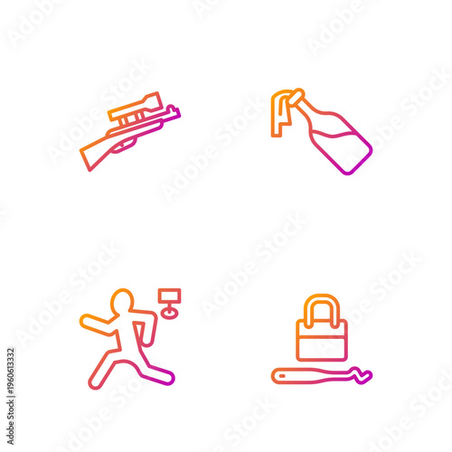 Set line Lock picks for lock picking, Murder, Sniper rifle with scope and Cocktail molotov. Gradient color icons. Vector