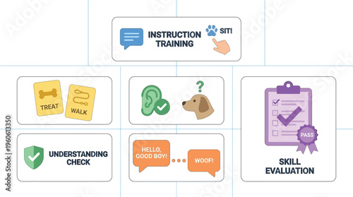 An instructional flow diagram outlines key steps in a dog training program, showing elements like instruction, understanding checks, and skill evaluation.
