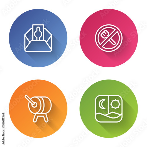 Set line Donate or pay your zakat, Ramadan fasting, drum and . Color circle button. Vector