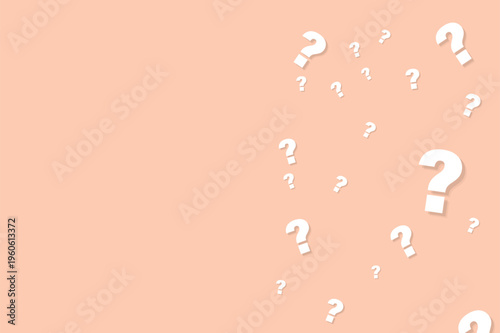 Minimalist question mark background with white symbols, peach pastel aesthetic for faq and help desk, clean vector illustration with copy space