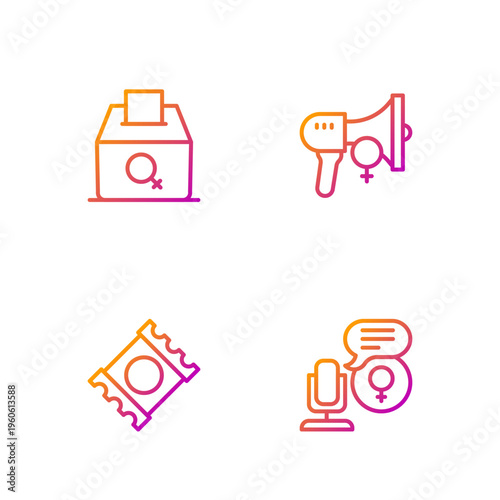 Set line Microphone, Condom in package, Female vote right and Feminist activist. Gradient color icons. Vector