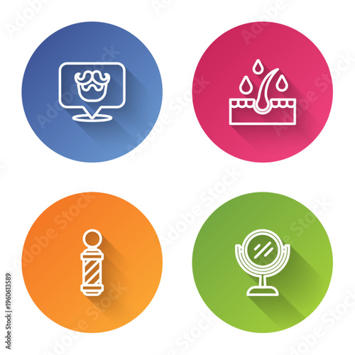 Set line Barbershop, Oil for hair care treatment, Classic pole and Hand mirror. Color circle button. Vector