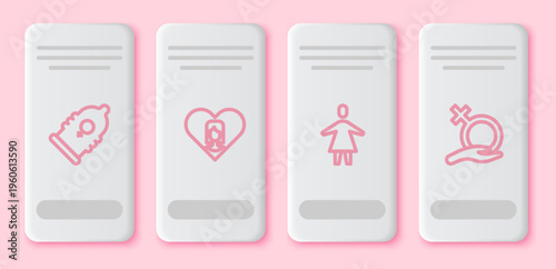 Set line Condom, Heart with female, Female and gender. White rectangle button. Vector