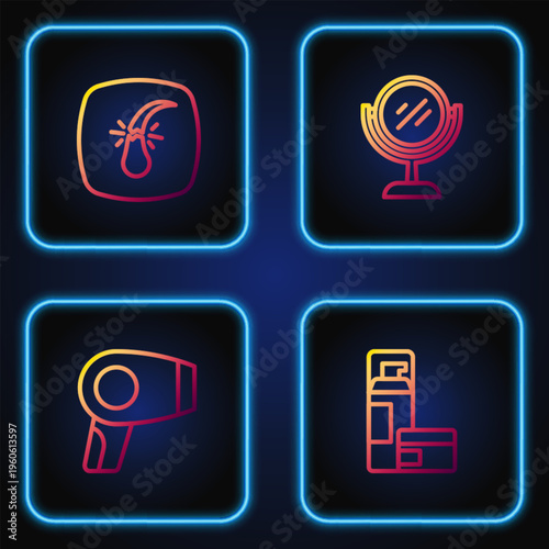 Set line Shaving gel foam, Hair dryer, Broken hair follicle and Hand mirror. Gradient color icons. Vector