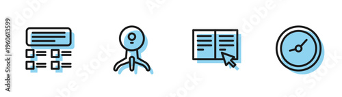 Set line Online book, quiz, test, survey, Web camera and Clock icon. Vector