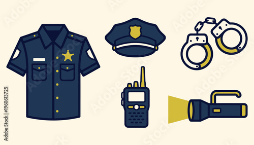 Police officer uniform and equipment icon collection