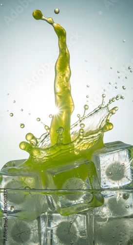 Green liquid splashing on ice cubes.