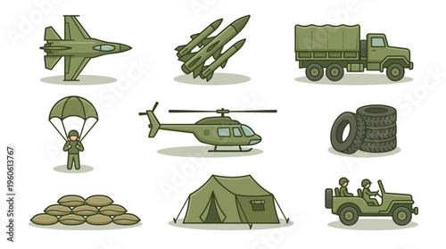 Military equipment icon set, flat vector illustration, simple cartoon style, army green color palette, isolated on light background, collection of military objects including fighter jet, missiles, arm