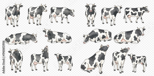 Set of black and white dairy cows in various poses, including standing, sitting, and grazing, isolated on a transparent background.