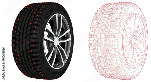 Winter Tire with Studs and Blueprint Outline on White Background
