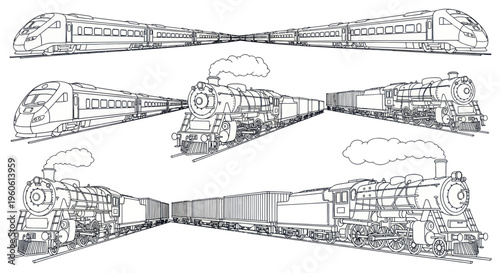 Collection of Vintage and Modern Trains, Sketch Style