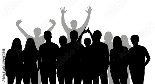 Diverse Crowd Silhouette: Celebration, Unity, Success, Teamwork, Group, People