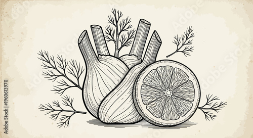 Hand-drawn illustration of fennel bulbs and a lemon slice with dill sprigs.