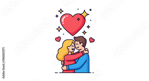 Happy couple embracing with love and hearts, romantic relationship illustration