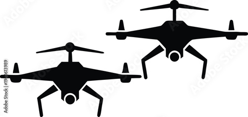 Two black drones depicted in a simple graphic silhouette high quality