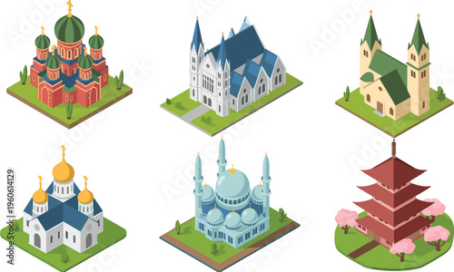 Isometric Vector Illustration Set of Religious Buildings Featuring Gothic Cathedral Blue Dome Mosque Orthodox Temple and Pagoda Isolated on White Background for World Culture