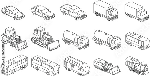 Isometric vehicle transport vector set featuring line art of cars, trucks, buses, trains, bulldozers, and heavy construction machinery isolated on white background for logistics.
